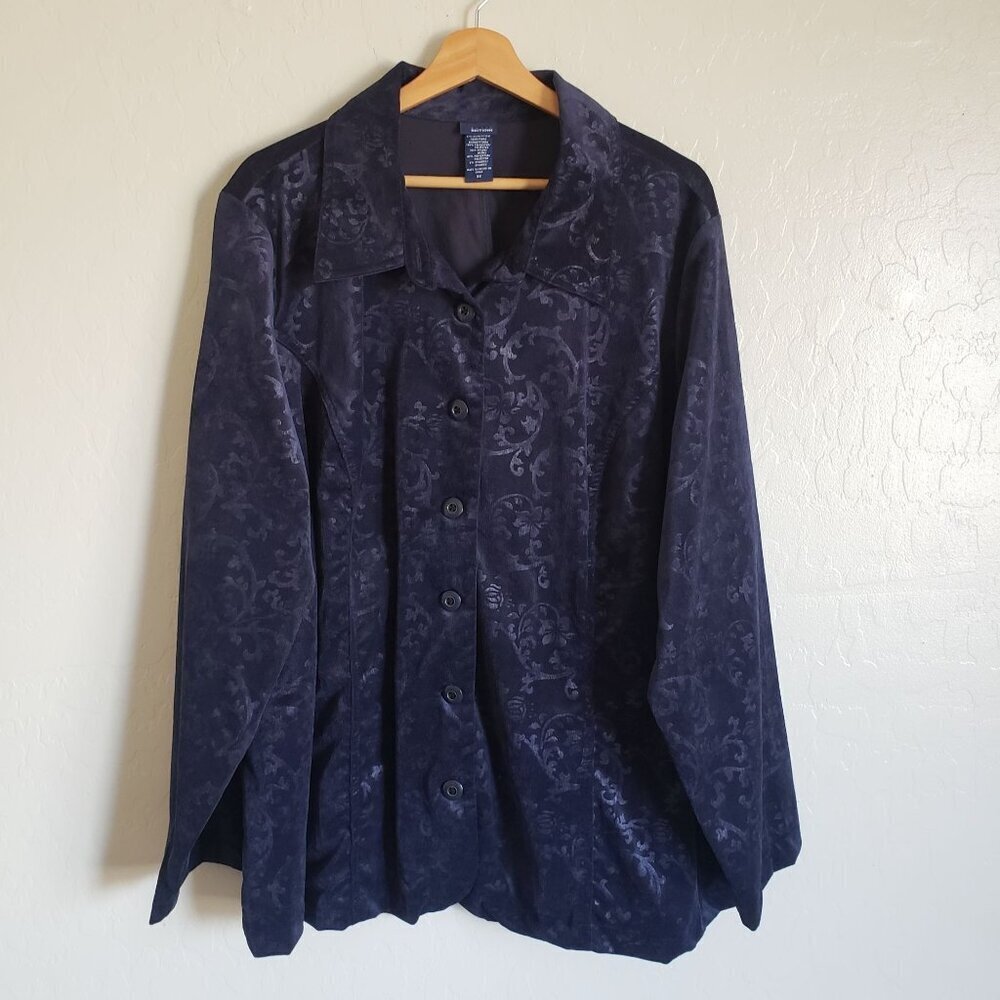 Basic Editions Dark Floral Burnout Button Up Top Corduroy Midnight Blue Size 3X